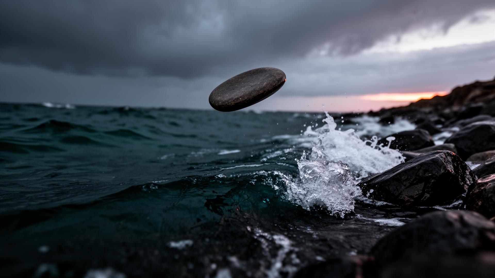 A stone leaving an athlete's hand toward open ocean water