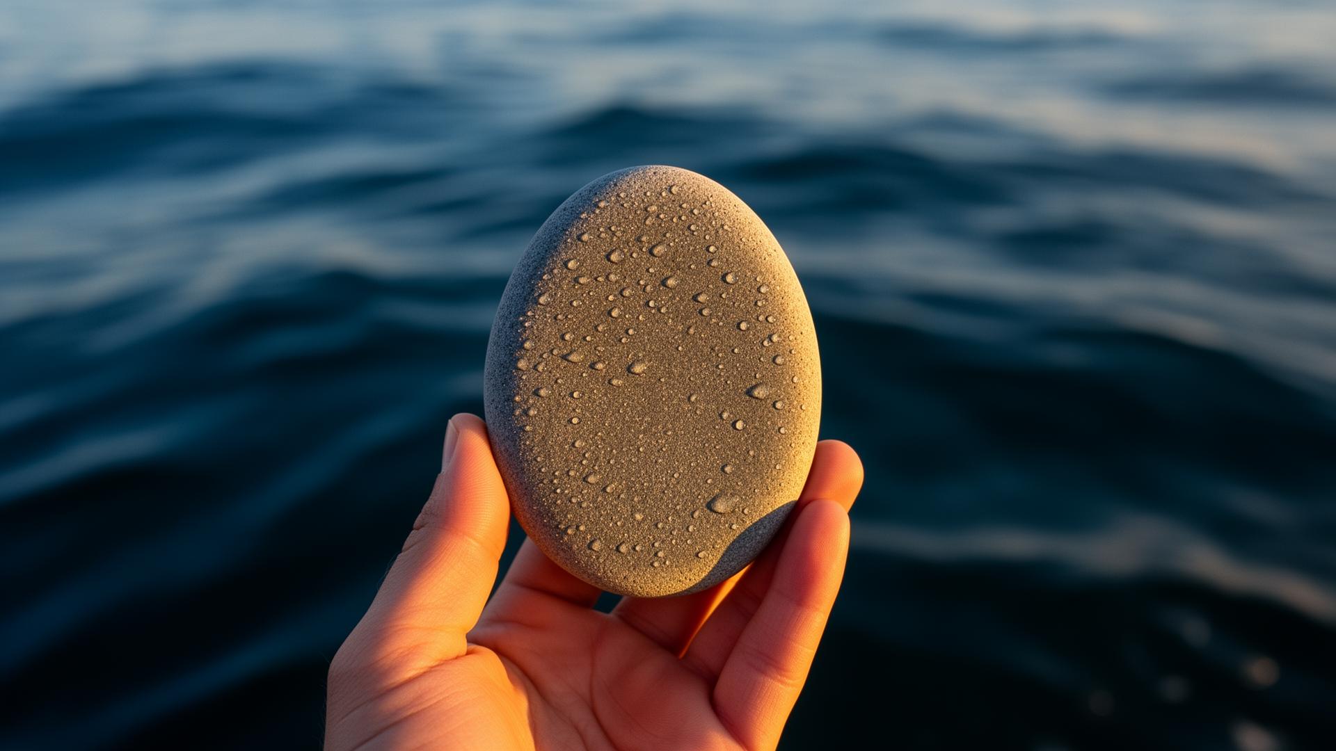 A hand holding a perfect flat skimming stone above blue water